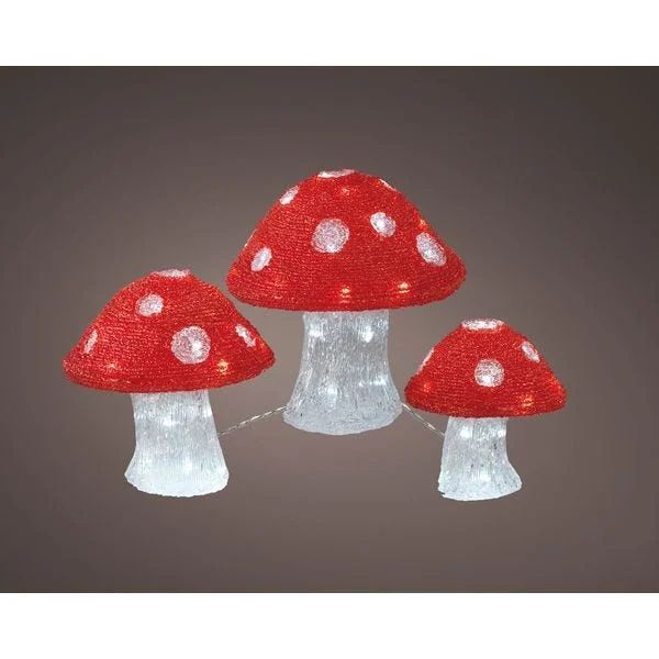 3 Champignons - Blanc froid et rouge - 3 t ailles - 25 cm/20 cm/18 cm